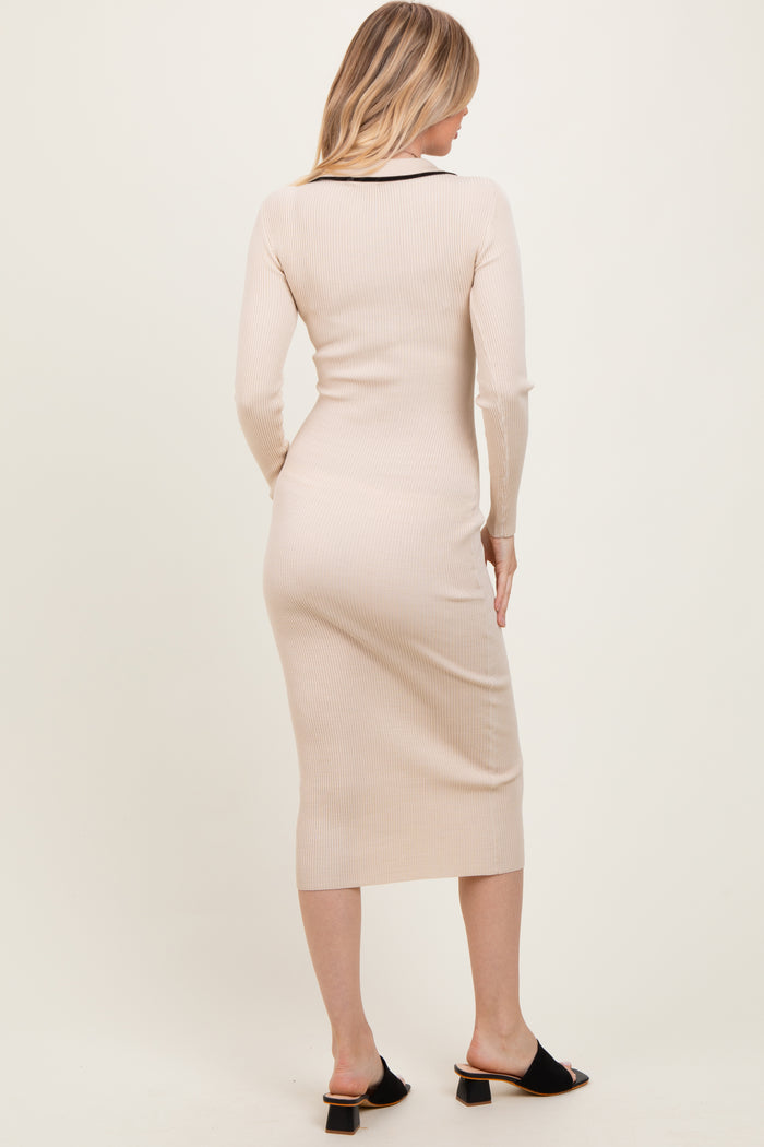 Cream Contrast Trim Ribbed Knit Button Up Midi Dress