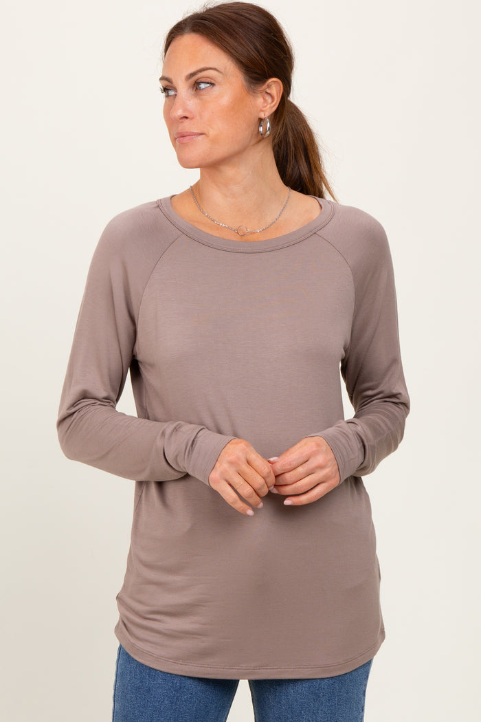Light Taupe Basic Boatneck Long Sleeve Top