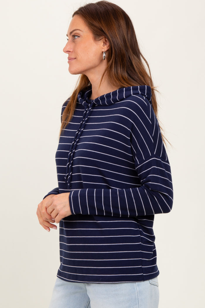 Navy Striped Drawstring Hoodie Top