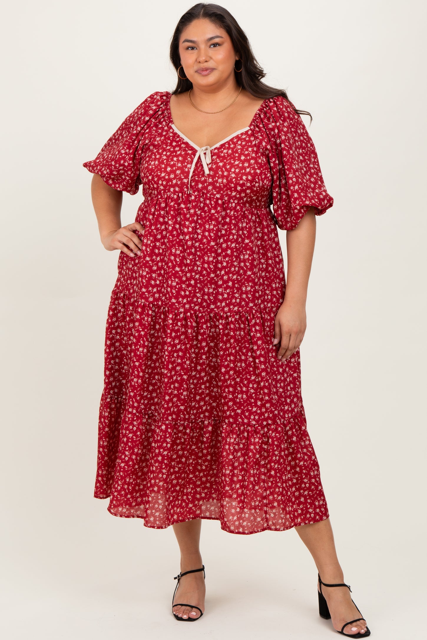 Red Floral Puff Sleeve Tiered Maternity Plus Maxi Dress