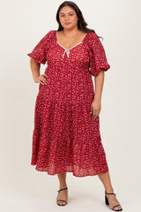 Red Floral Puff Sleeve Tiered Maternity Plus Maxi Dress