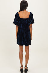 Navy Crushed Velvet Puff Sleeve Mini Dress