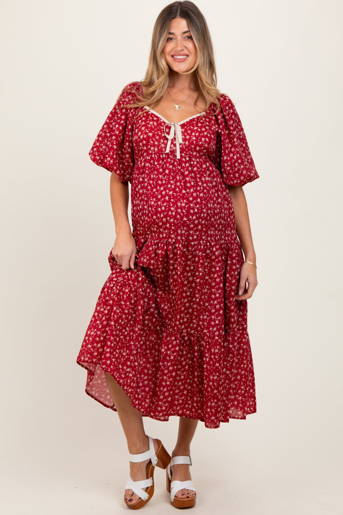 Red Floral Puff Sleeve Tiered Maternity Maxi Dress