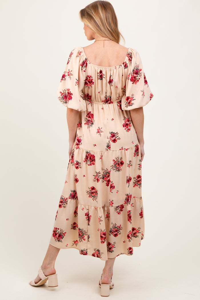 Cream Floral Puff Sleeve Maternity Tiered Maxi Dress