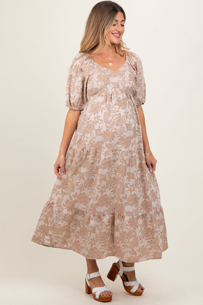 Camel Floral Tiered Puff Sleeve Maternity Midi Dress