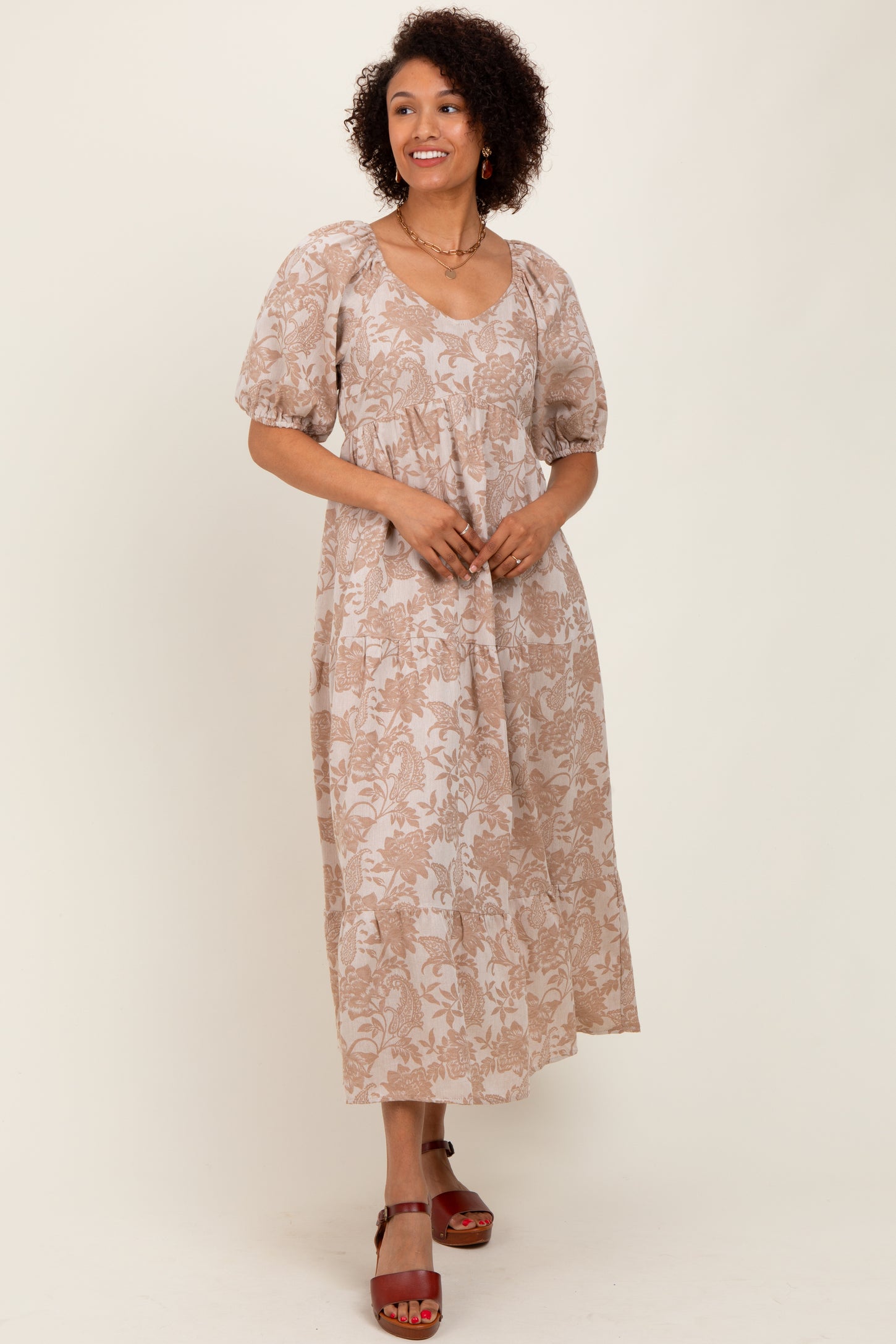 Camel Floral Tiered Puff Sleeve Midi Dress