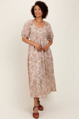 Camel Floral Tiered Puff Sleeve Midi Dress
