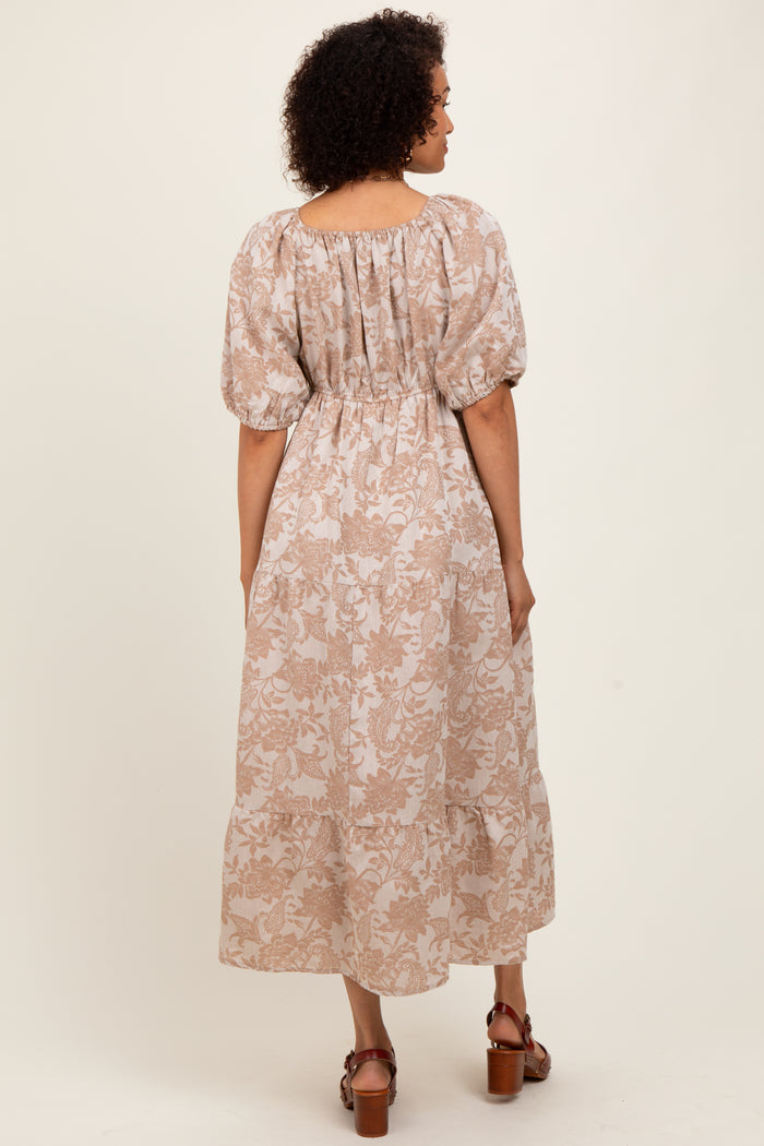 Camel Floral Tiered Puff Sleeve Midi Dress