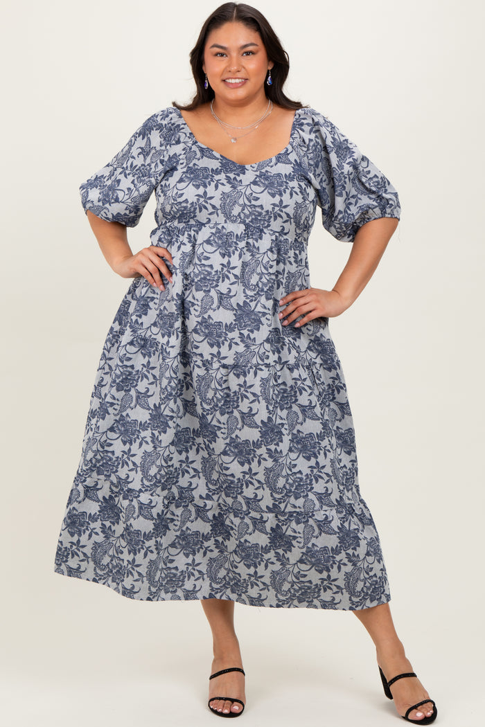 Navy Floral Tiered Puff Sleeve Plus Midi Dress