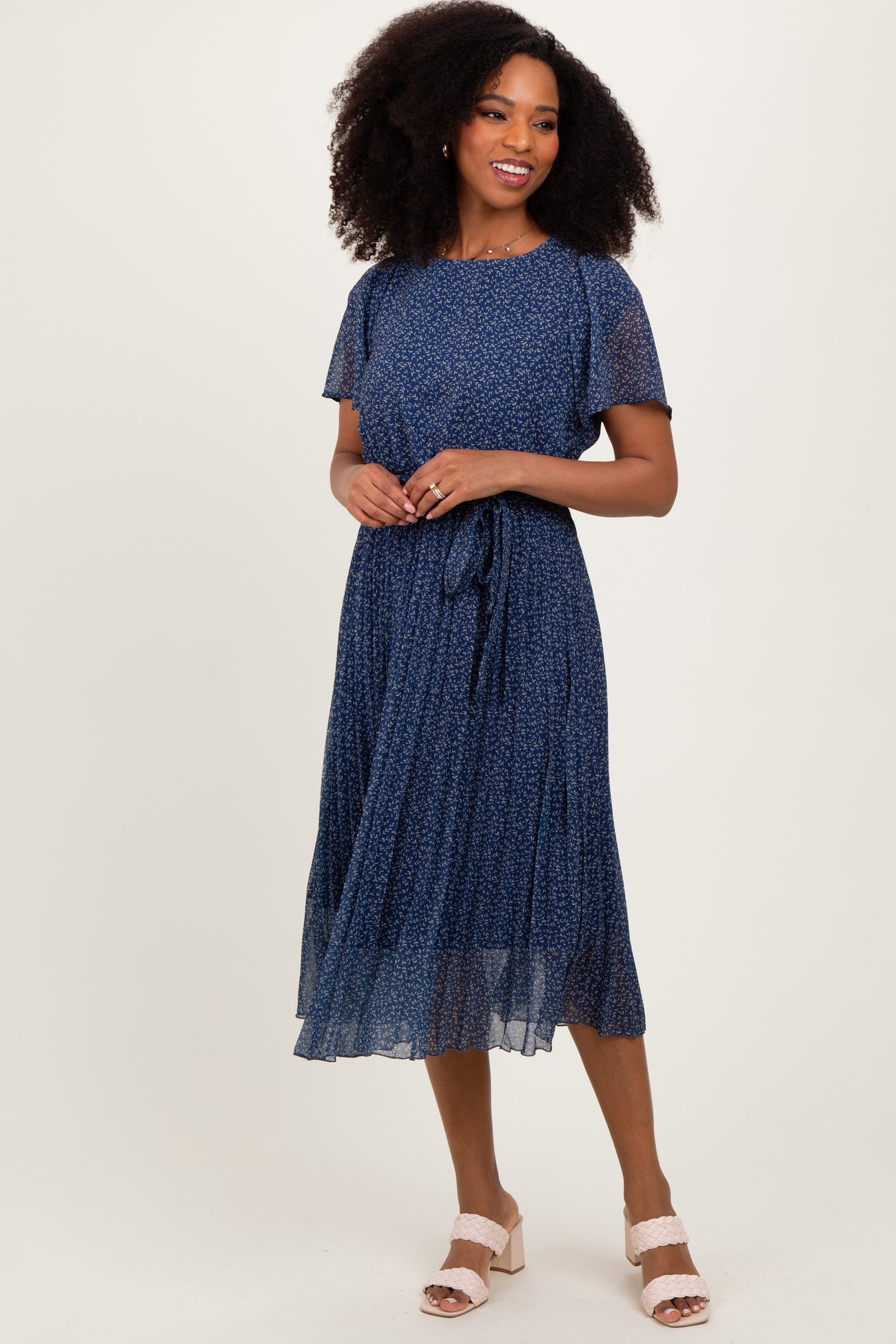 Navy Leaf Print Pleated Maternity Midi Dress