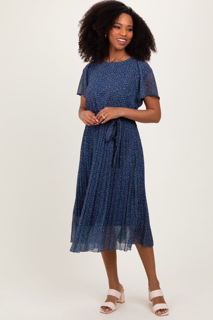 Navy Leaf Print Pleated Maternity Midi Dress
