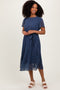 Navy Leaf Print Pleated Midi Dress