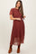 Burgundy Leaf Print Pleated Maternity Midi Dress