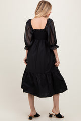 Black Chiffon Smocked Puff Sleeve Midi Dress
