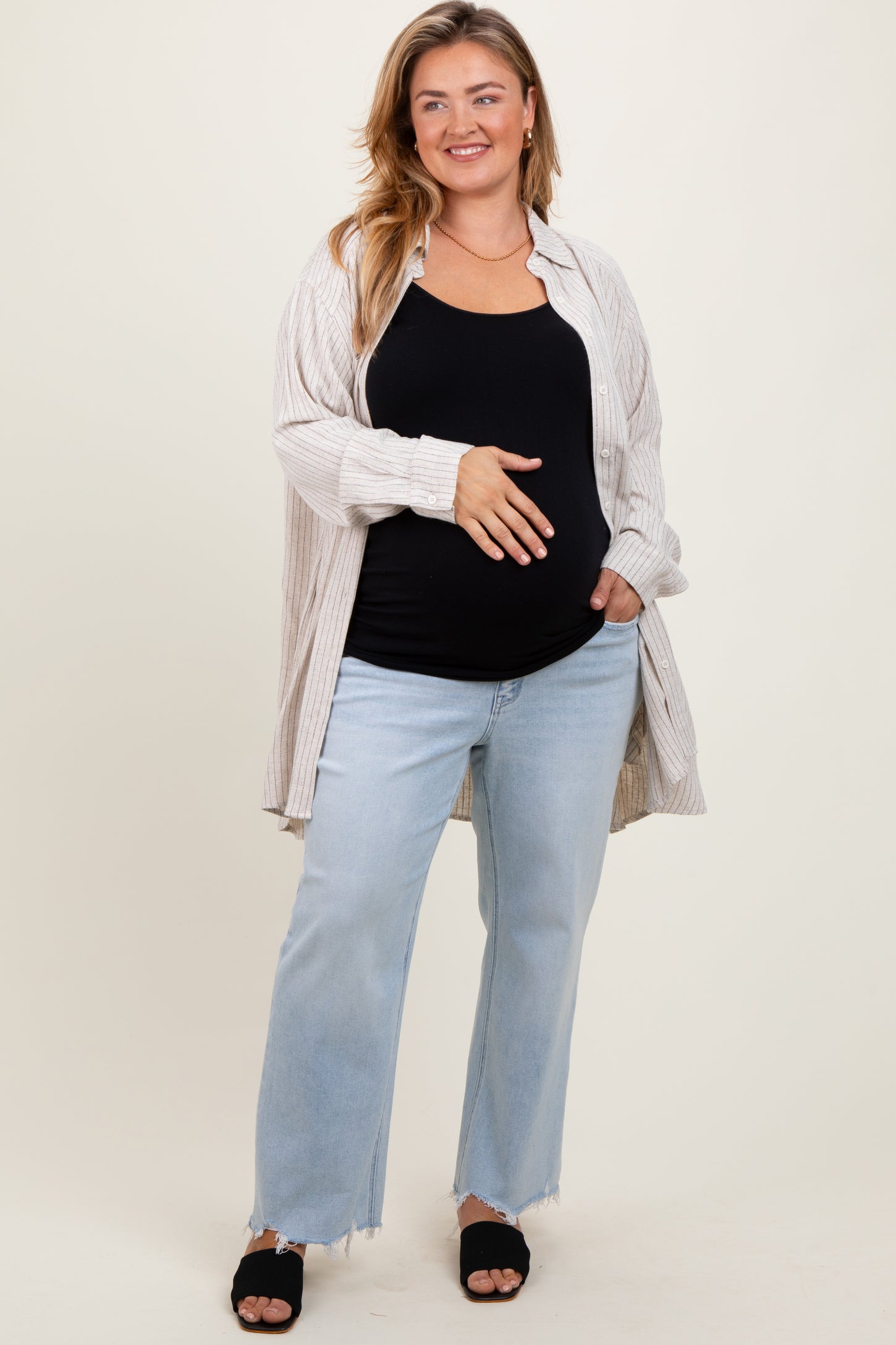 Light Blue Distressed Hem Slim Wide Leg Maternity Plus Jeans
