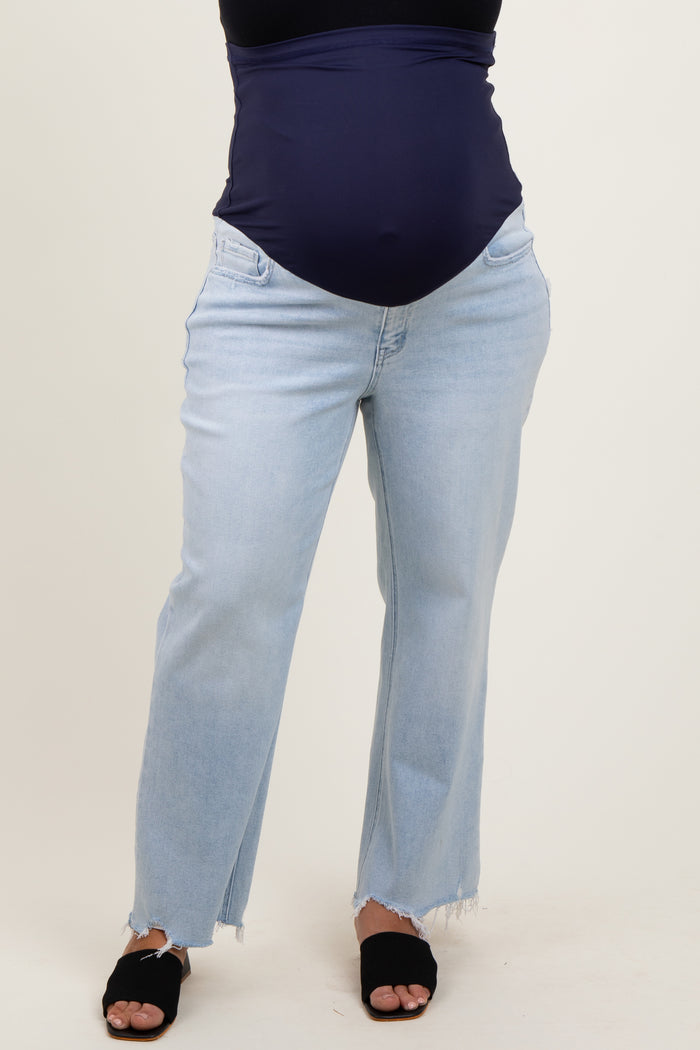 Light Blue Distressed Hem Slim Wide Leg Maternity Plus Jeans