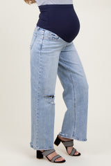 Light Blue Acid Wash Open Knee Wide Leg Maternity Jeans