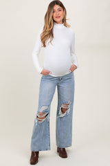 Light Blue Heavily Distressed Open Knee Wide Leg Maternity Jeans