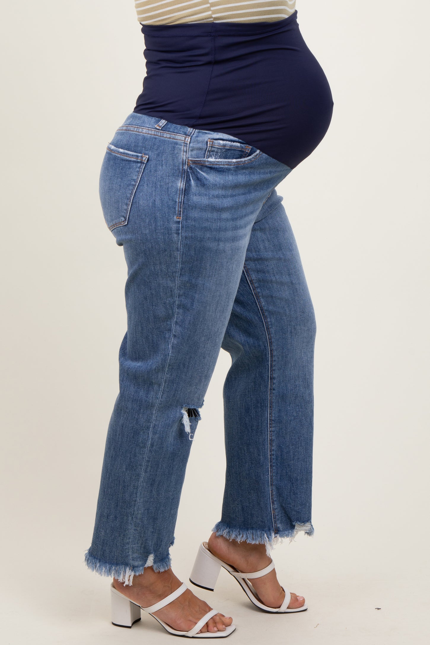 Blue Distressed Open Knee Relaxed Straight Leg Maternity Plus Jeans