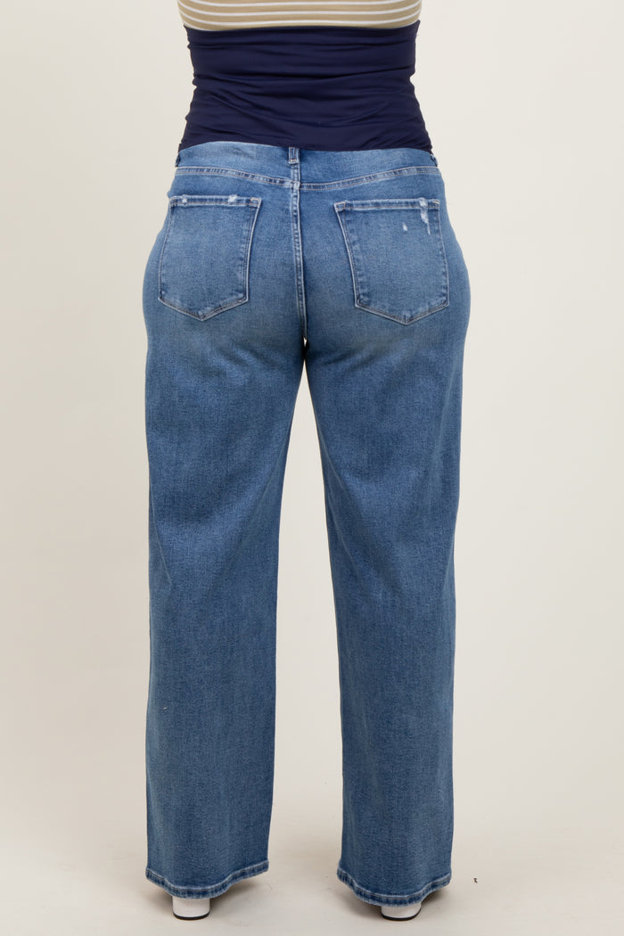 Blue Distressed Open Knee Wide Leg Maternity Plus Jeans
