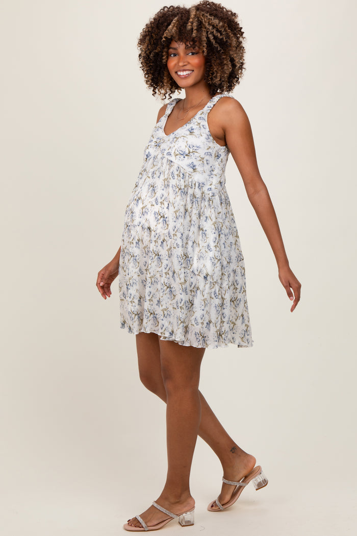 Blue Floral Plisse Texture Maternity Mini Dress