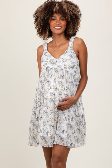 Blue Floral Plisse Texture Maternity Mini Dress