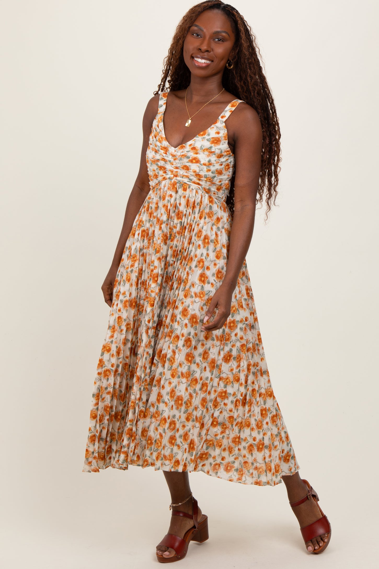 Peach Floral Pleated Midi Dress