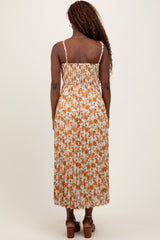 Peach Floral Pleated Midi Dress