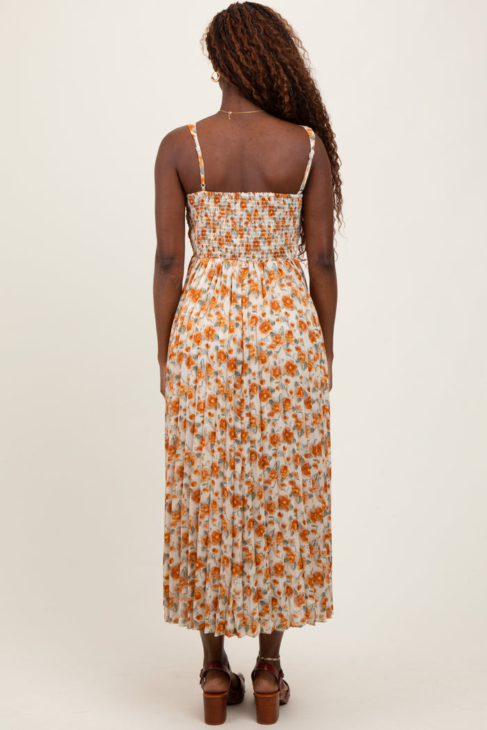 Peach Floral Pleated Midi Dress