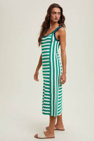 Green Mixed Stripe Ribbed Knit Sleeveless Midi Dress
