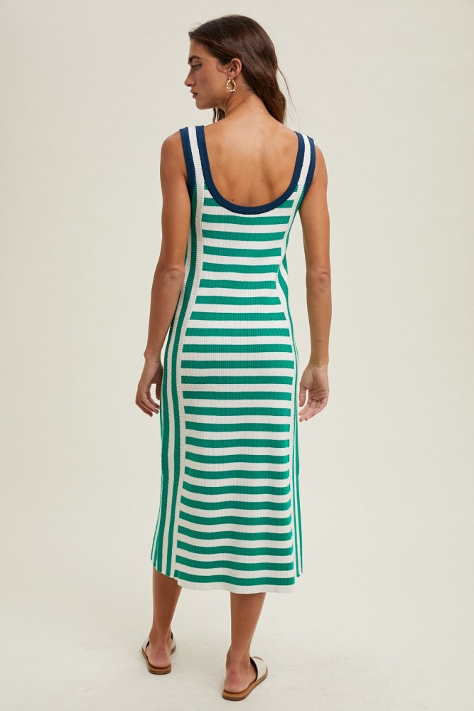 Green Mixed Stripe Ribbed Knit Sleeveless Midi Dress
