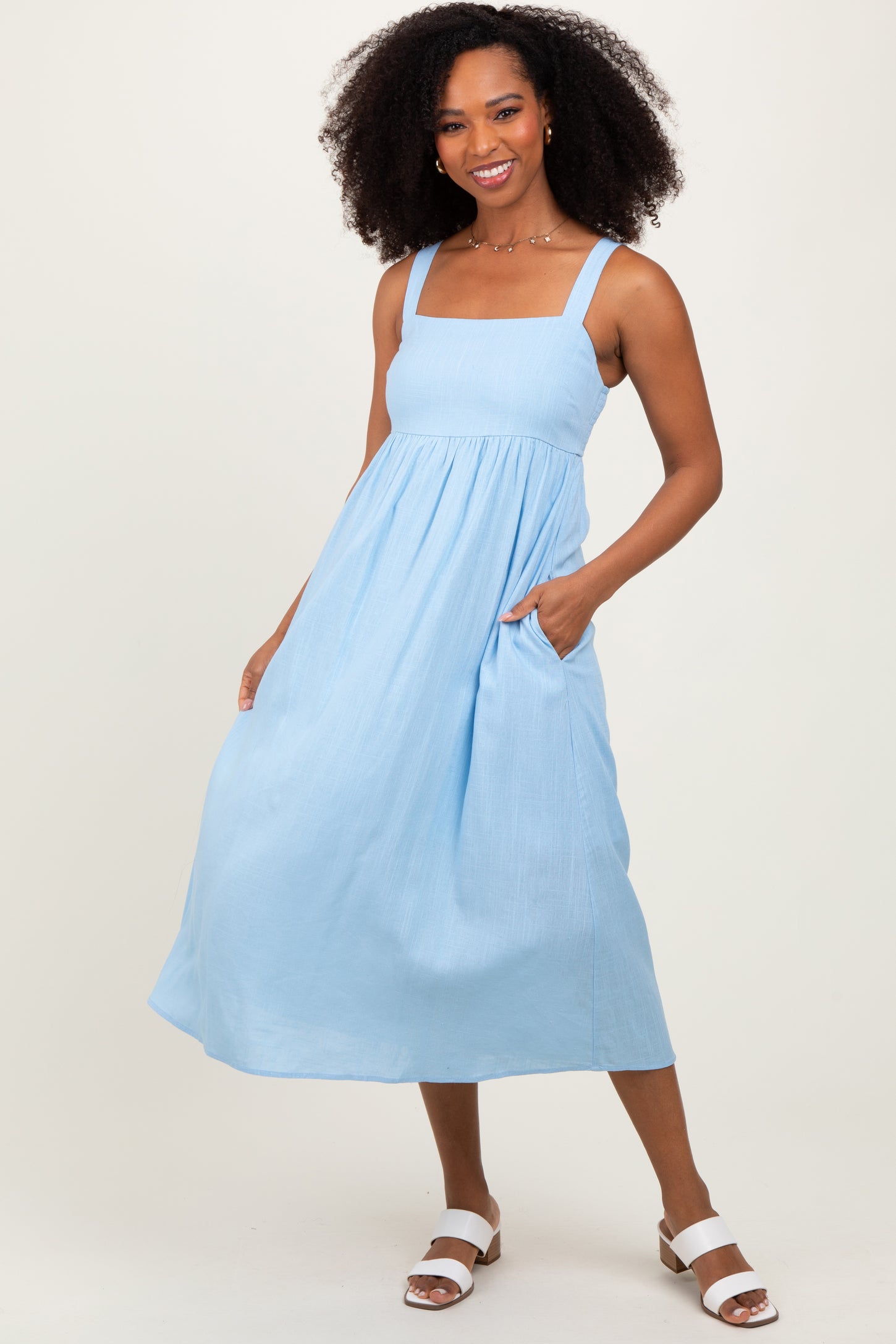 Blue Linen Blend Square Neck Midi Dress