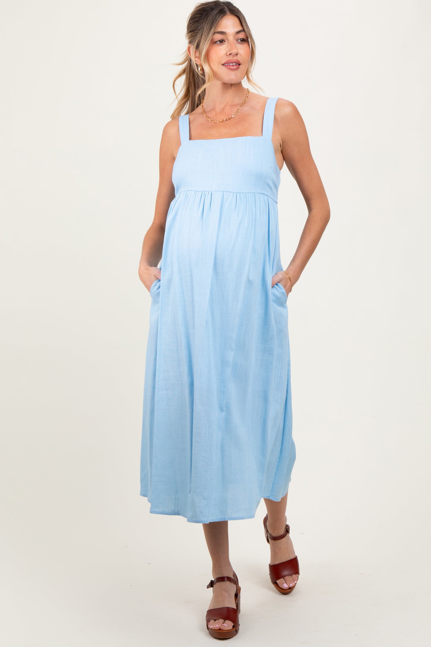Blue Linen Blend Square Neck Maternity Midi Dress