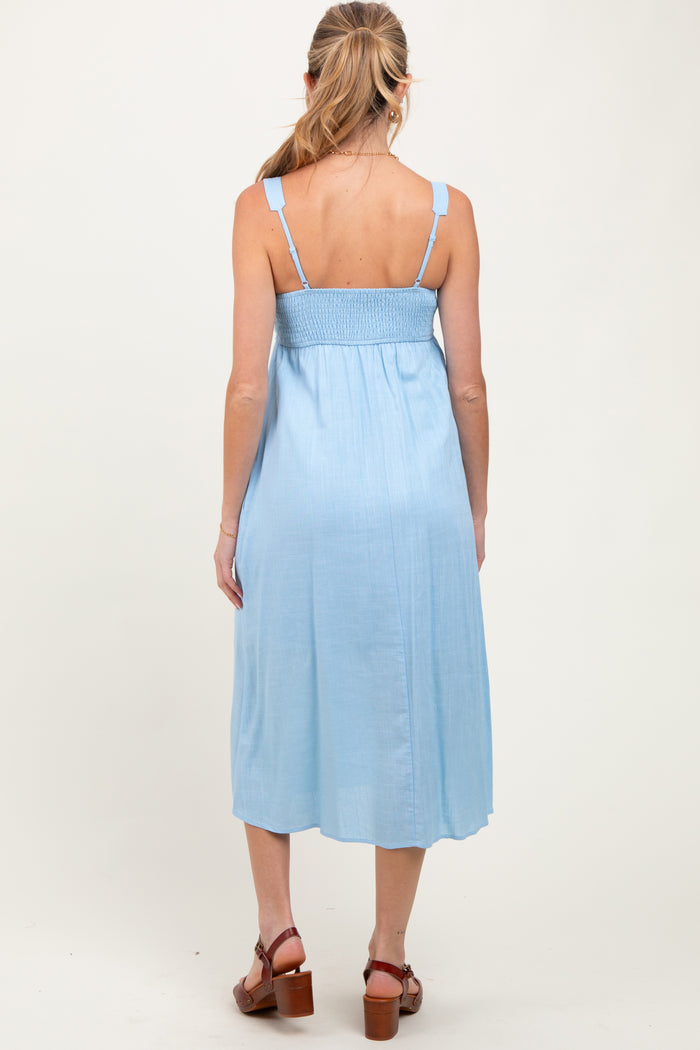 Blue Linen Blend Square Neck Maternity Midi Dress