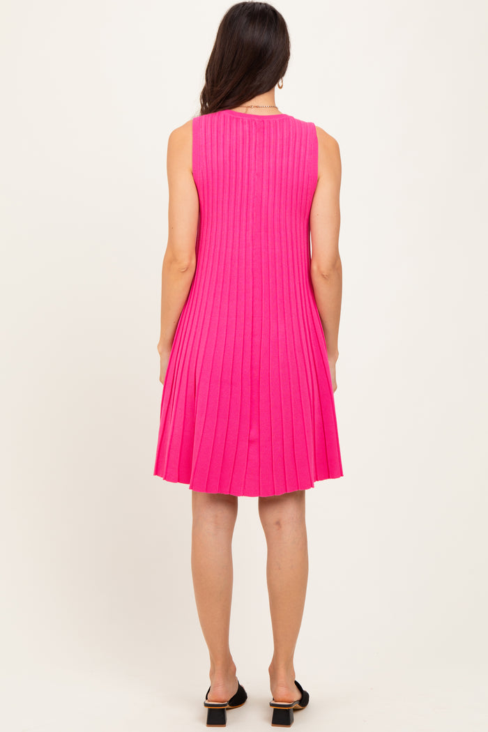Fuchsia Ribbed Pleated Knit Sleeveless Mini Dress
