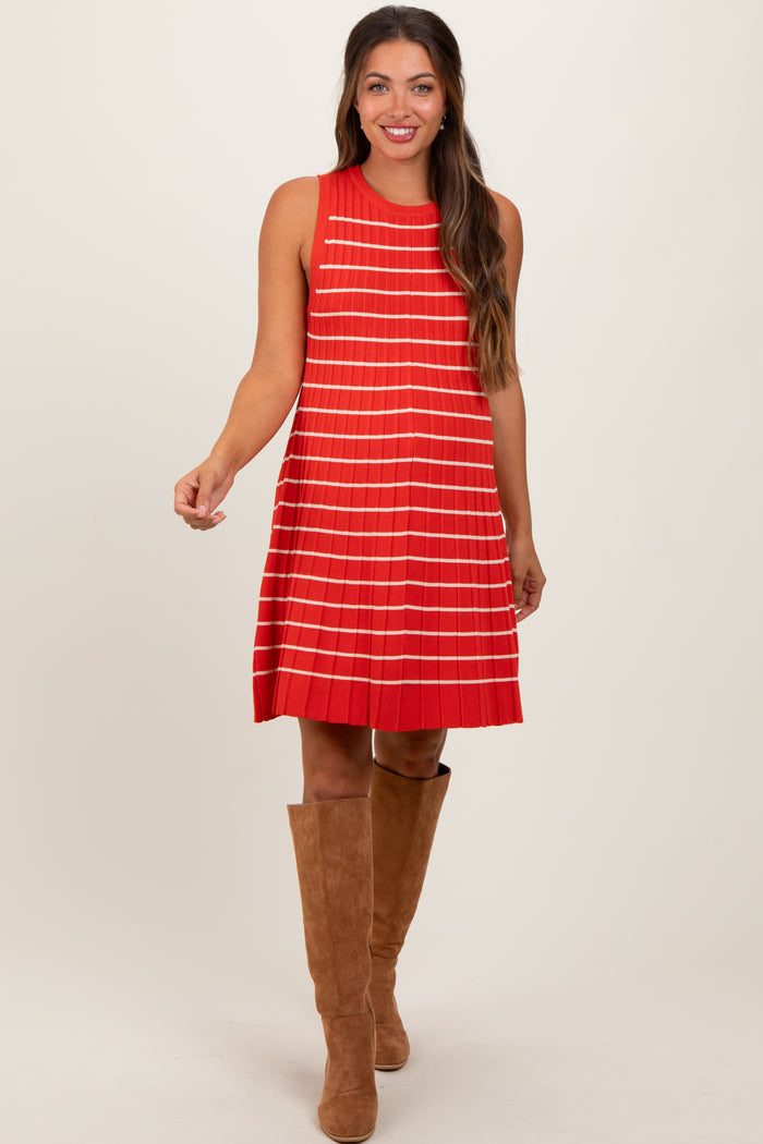 Orange Ribbed Pleated Knit Sleeveless Maternity Mini Dress
