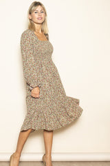 Olive Floral Smocked Velvet Back Tie Midi Dress