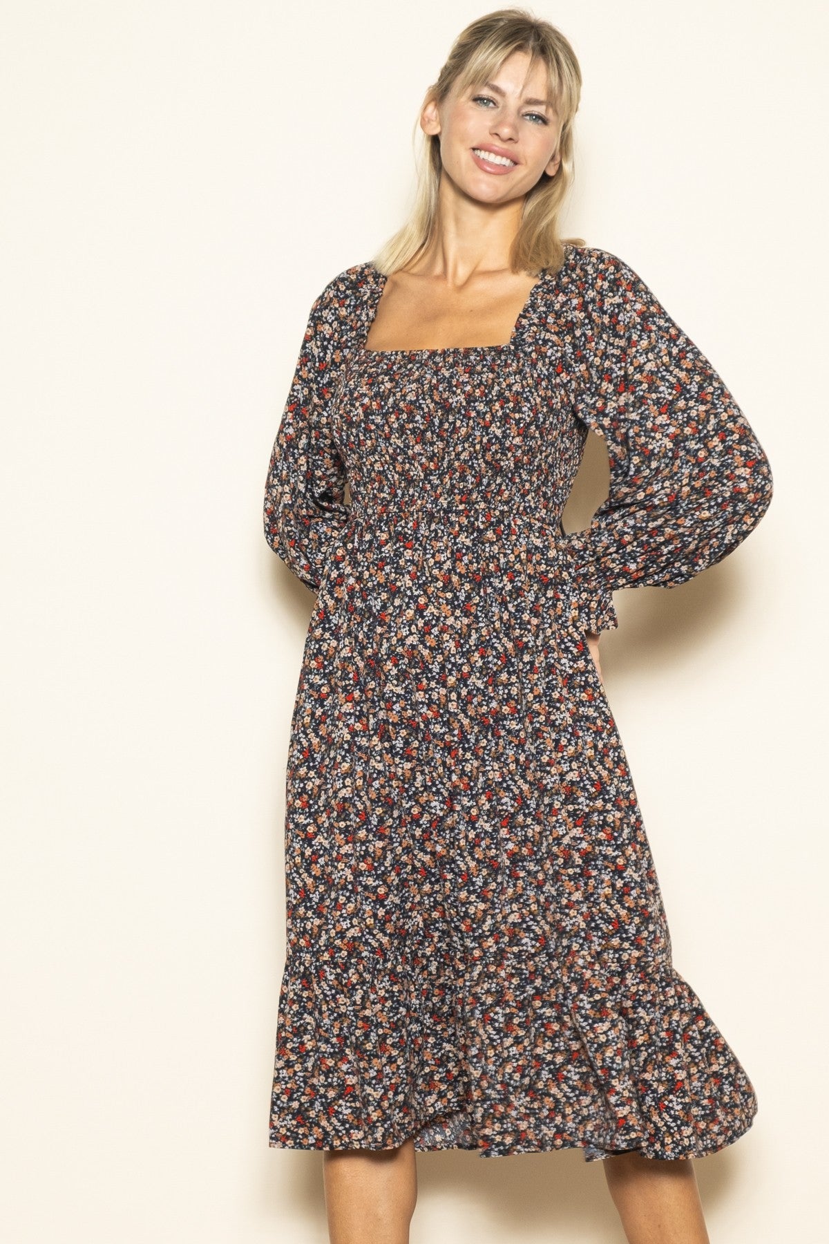 Black Floral Smocked Velvet Back Tie Midi Dress