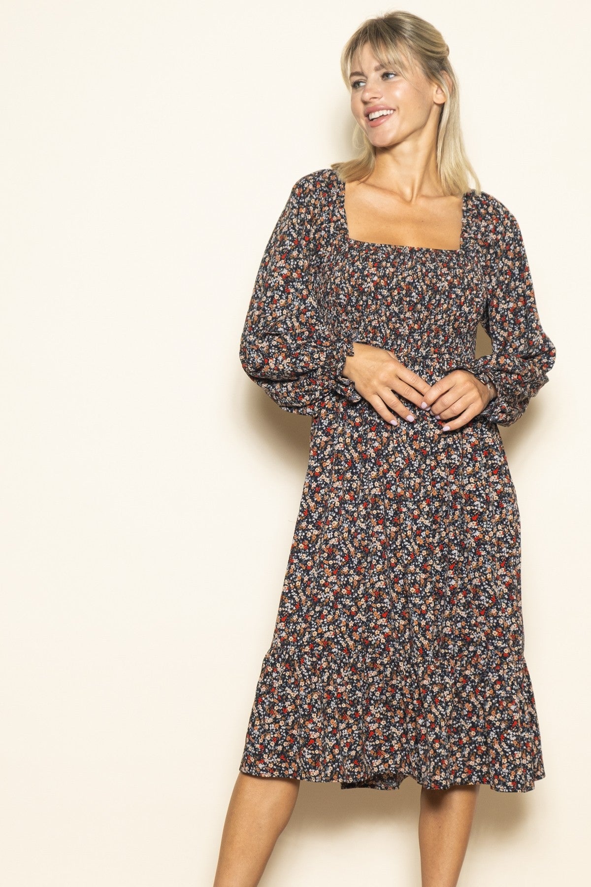 Black Floral Smocked Velvet Back Tie Midi Dress