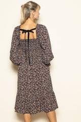 Black Floral Smocked Velvet Back Tie Midi Dress