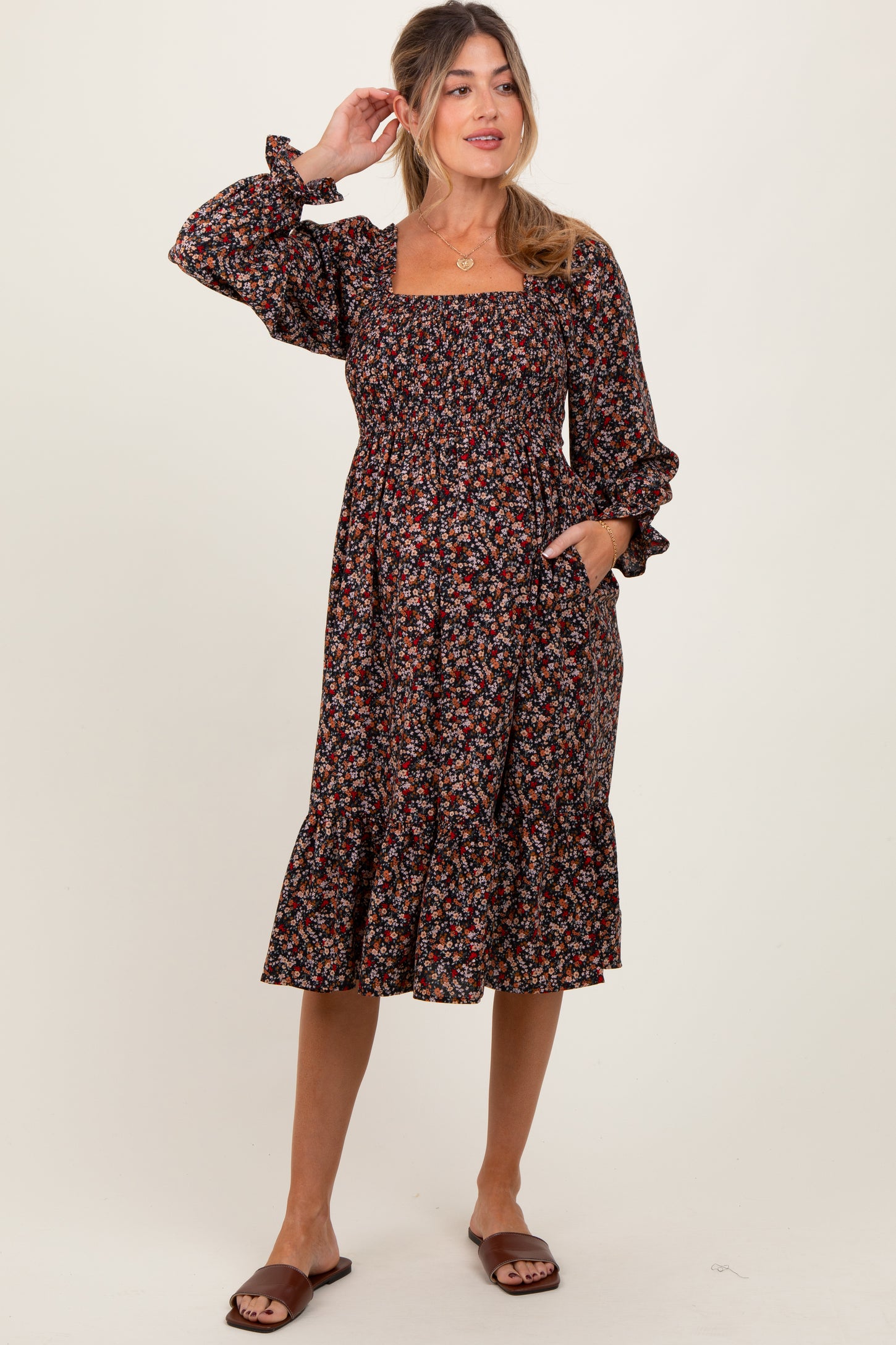 Black Floral Smocked Velvet Back Tie Maternity Midi Dress