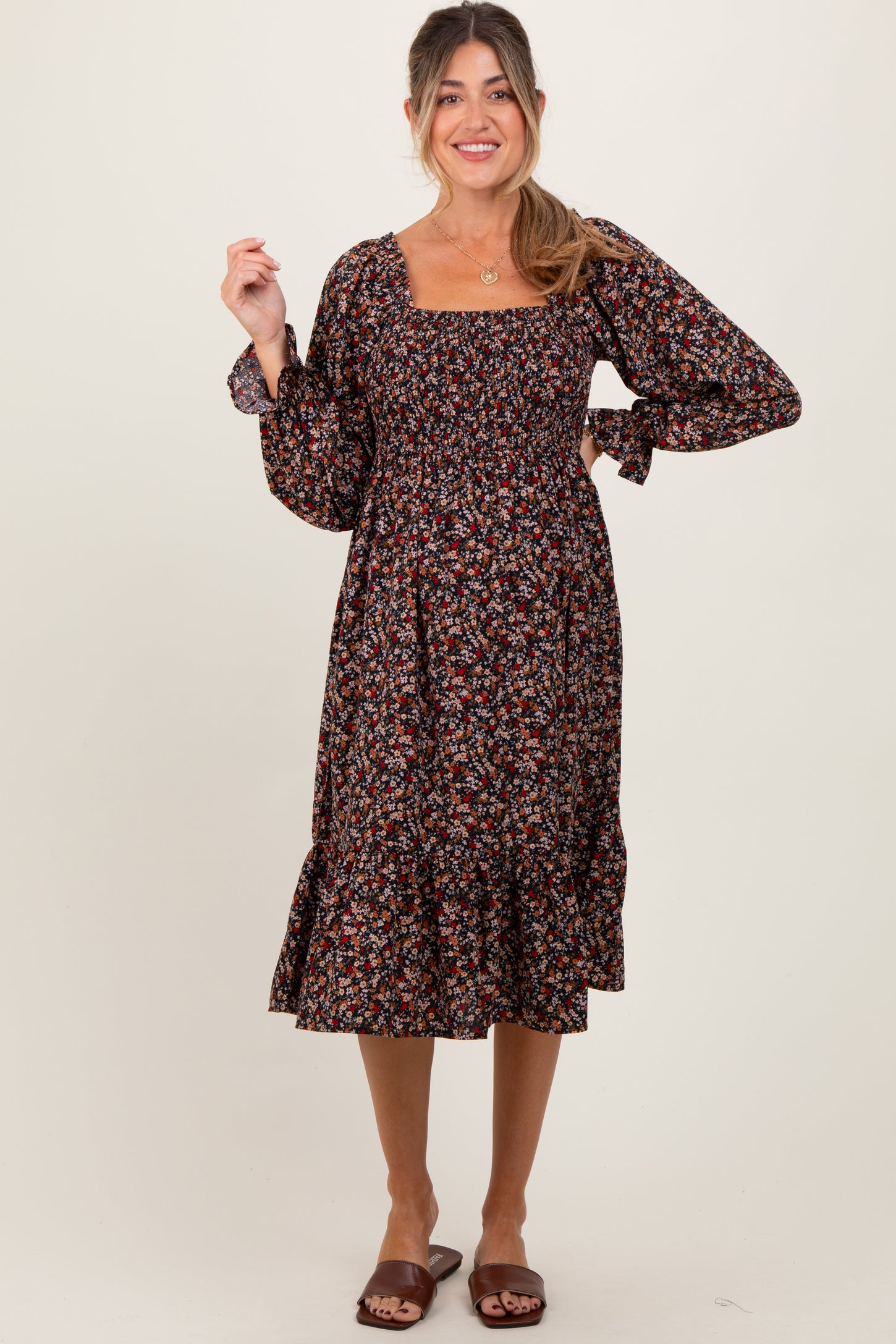 Black Floral Smocked Velvet Back Tie Maternity Midi Dress