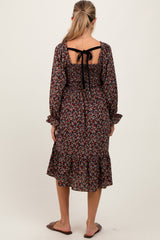 Black Floral Smocked Velvet Back Tie Maternity Midi Dress