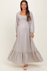 Lavender Floral Smocked Lace Trim Sweetheart Maternity Maxi Dress