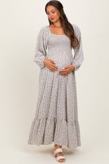 Lavender Floral Smocked Lace Trim Sweetheart Maternity Maxi Dress