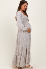 Lavender Floral Smocked Lace Trim Sweetheart Maternity Maxi Dress