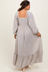 Lavender Floral Smocked Lace Trim Sweetheart Maternity Maxi Dress