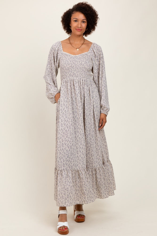 Lavender Floral Smocked Lace Trim Sweetheart Maxi Dress