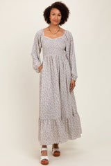 Lavender Floral Smocked Lace Trim Sweetheart Maxi Dress