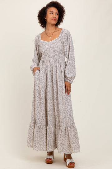 Lavender Floral Smocked Lace Trim Sweetheart Maxi Dress